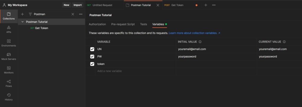 screen shot showing where to set request variables in Postman